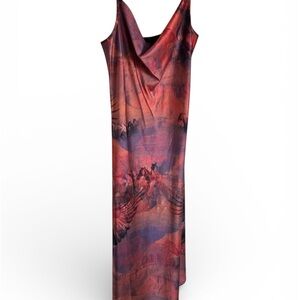 SOLD Multicolor Horse Print Long Satin Slip Dress Cowl Neck Straps